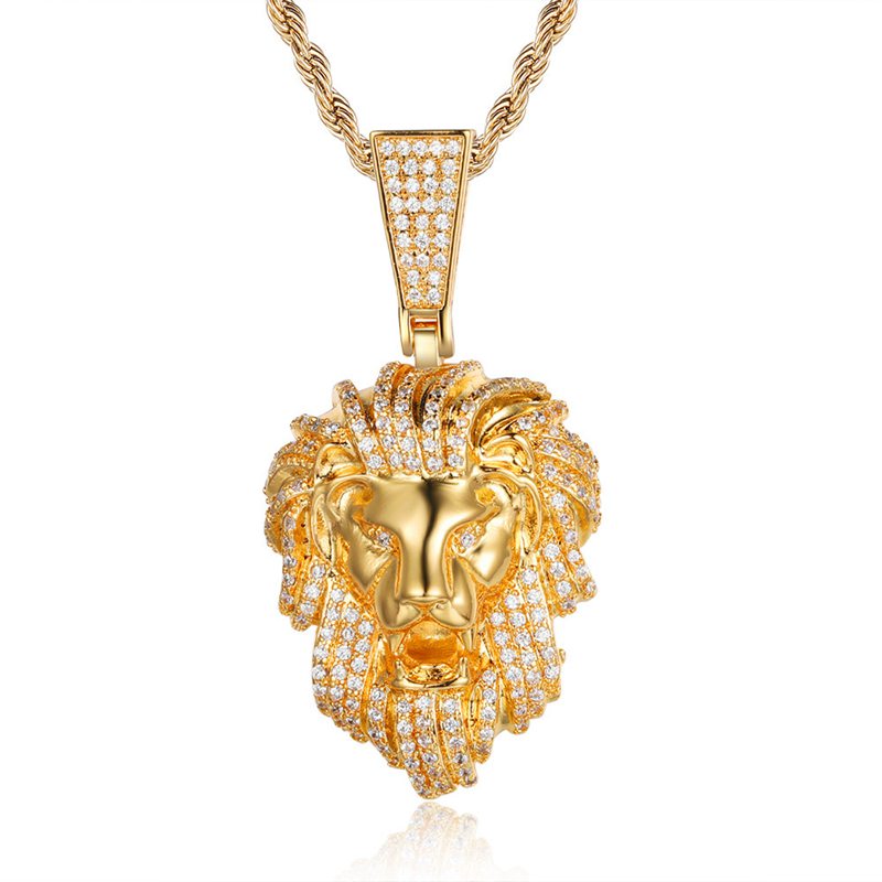 Iced Out Lion Head Pendant - Gold-Hip Hop, Hip Hop Pendant, Iced Out, Men's Necklace, Necklaces, Pendants-nk1062-gc-800-Glitters