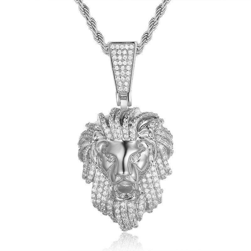 Iced Out Lion Head Pendant - Silver-Hip Hop, Hip Hop Pendant, Iced Out, Men's Necklace, Necklaces, Pendants-nk1062-sc-800-Glitters