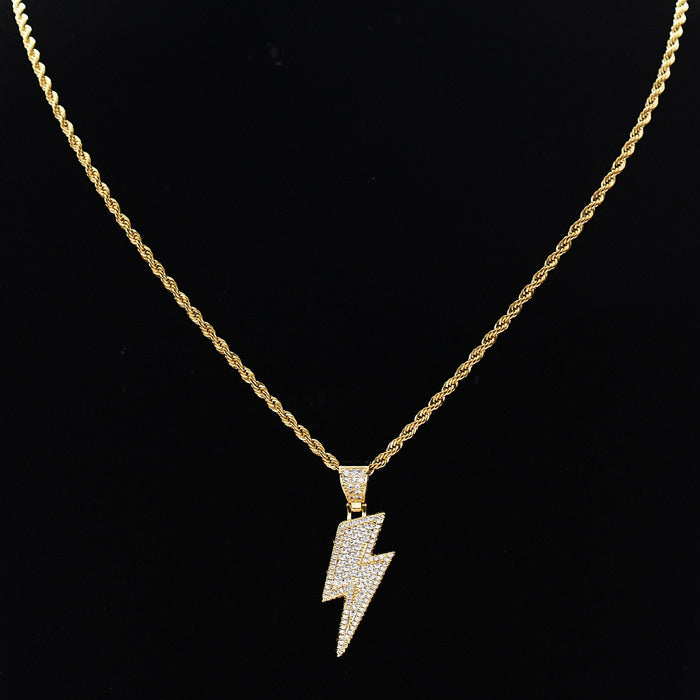 Iced Out Lightning Bolt Pendant - Silver-Hip Hop, Hip Hop Pendant, Iced Out, Men's Necklace, Necklaces, Pendants-nk1073M-Glitters