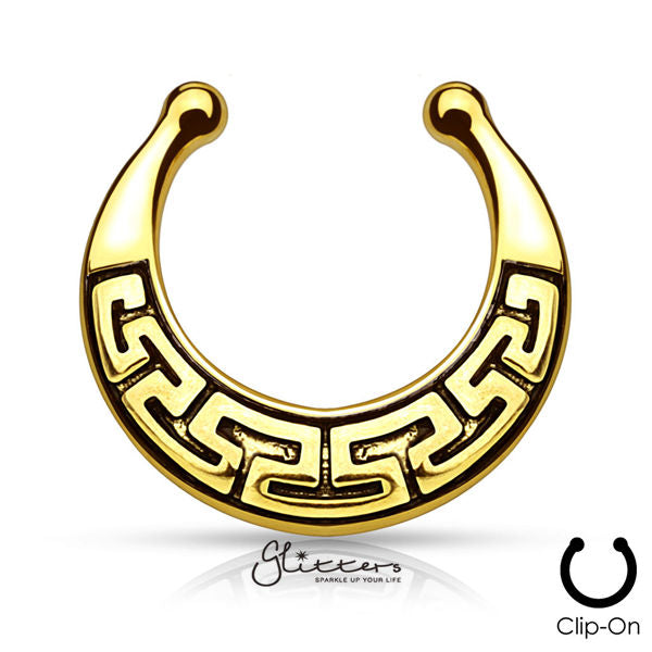 Non Piercing Maze Tribal Fan Design Fake Septum Hanger-Gold-Body Piercing Jewellery, Nose, Septum Ring-ns0042-1-Glitters