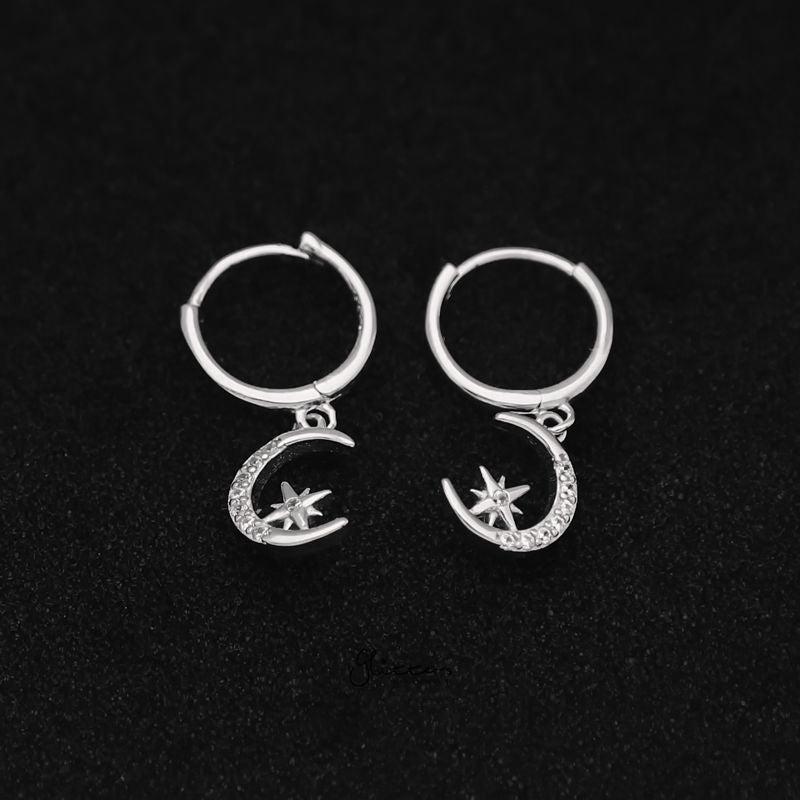 Sterling Silver Huggie Hoop Earrings with Dangle C.Z Moon and Star - Silver-Cubic Zirconia, earrings, Hoop Earrings, Jewellery, Women's Earrings, Women's Jewellery-sse0400-s-3_800-Glitters