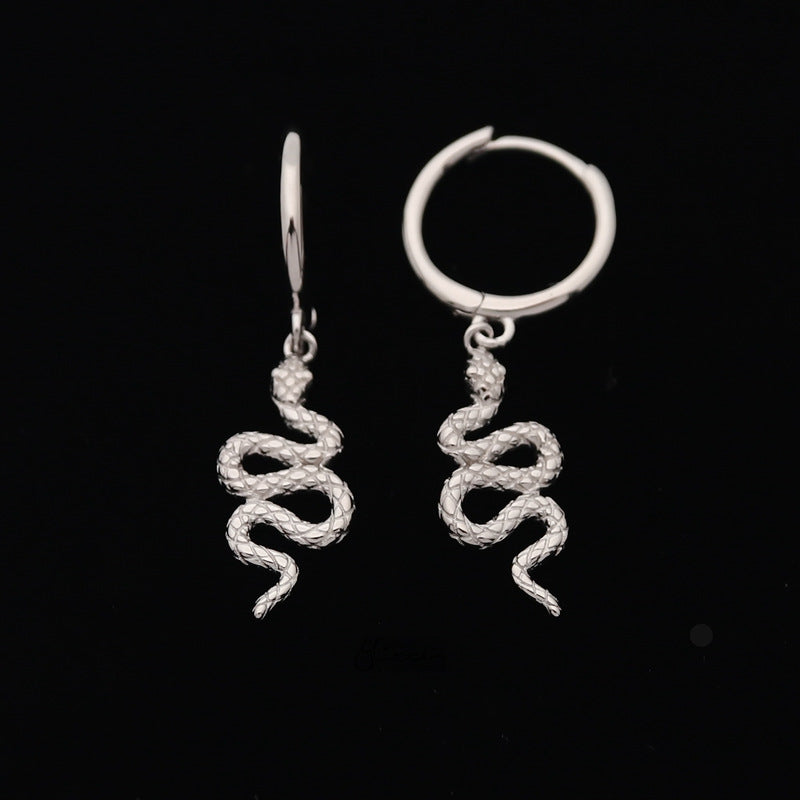 Sterling Silver Huggie Hoop Earrings with Dangle Snake - Silver-earrings, Hoop Earrings, Jewellery, Women's Earrings, Women's Jewellery-sse0403-S-2_800-Glitters