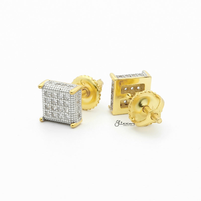 Sterling Silver C.Z Paved Square Prong Stud Earrings-Cubic Zirconia, earrings, Hip Hop Earrings, Iced Out, Jewellery, Men's Earrings, Men's Jewellery, Stud Earrings, Women's Earrings, Women's Jewellery-sse0406-3_1-Glitters