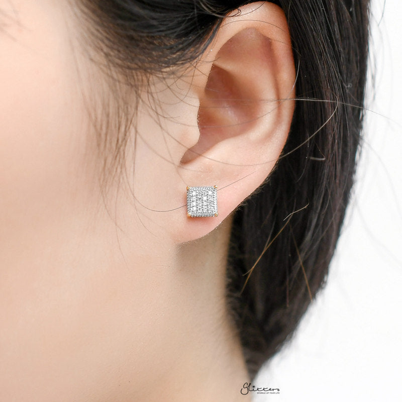 Sterling Silver C.Z Paved Square Prong Stud Earrings-Cubic Zirconia, earrings, Hip Hop Earrings, Iced Out, Jewellery, Men's Earrings, Men's Jewellery, Stud Earrings, Women's Earrings, Women's Jewellery-sse0406-5_1-Glitters