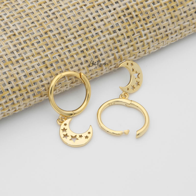 Crescent Moon with Stars Charm Huggie Hoop Earrings - Gold-earrings, Hoop Earrings, Jewellery, Women's Earrings, Women's Jewellery-sse0435-g2_800-Glitters