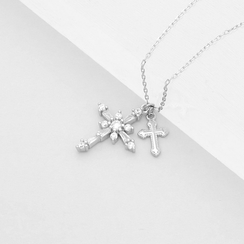 Sterling Silver CZ Cross Necklace-Cubic Zirconia, Jewellery, Necklaces, New, Sterling Silver Necklaces, Women's Jewellery, Women's Necklace-ssp0188-3_1-Glitters